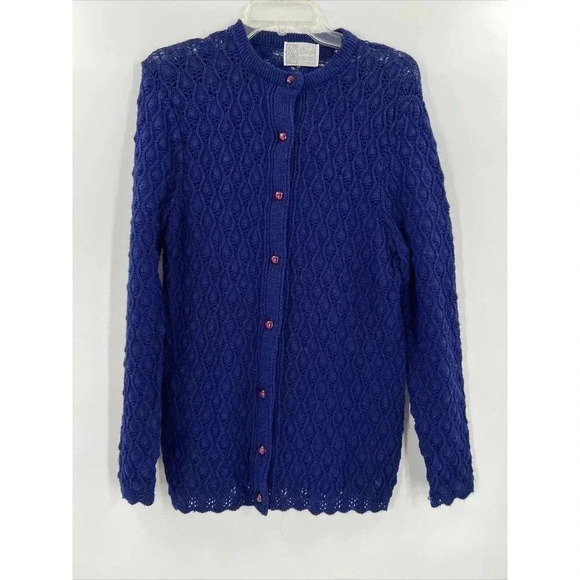 Vintage Billie Jo Classic Open Blue Knit Cardigan Sweater Red Buttons Medium - Picture 2 of 7